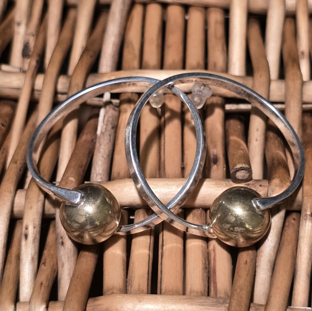Taxco Sterling Silver and Gold Open Hoop Earrings